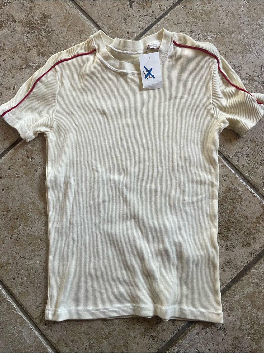 Cream Ribbed Short Sleeve Tee with Red Shoulder Piping